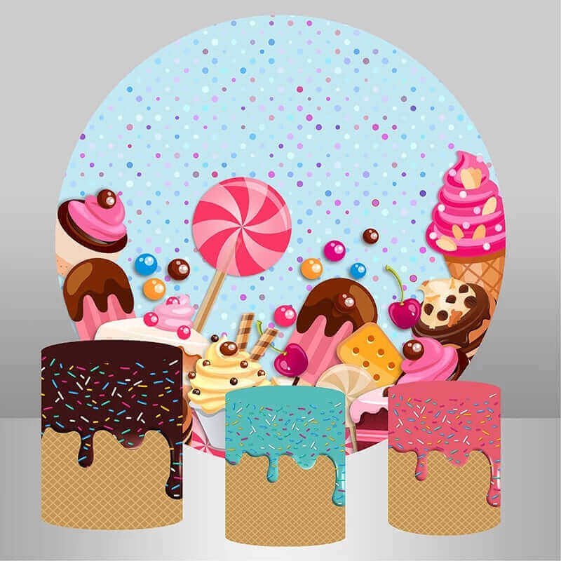 Lollipop Ice Cream Donut Dessert Candyland Round Backdrop Cover Party