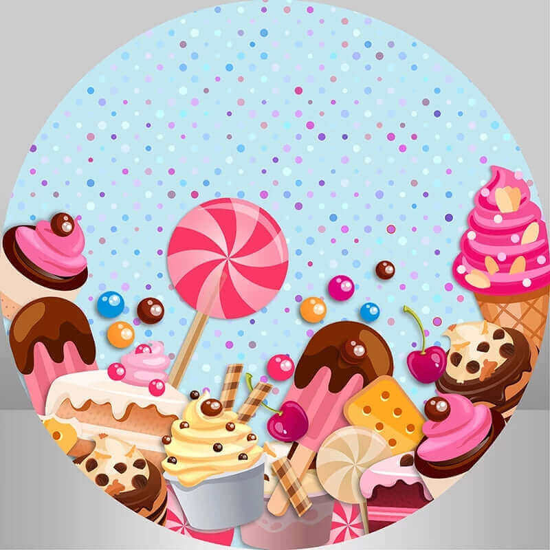 Lollipop Ice Cream Donut Dessert Candyland Round Backdrop Cover Party