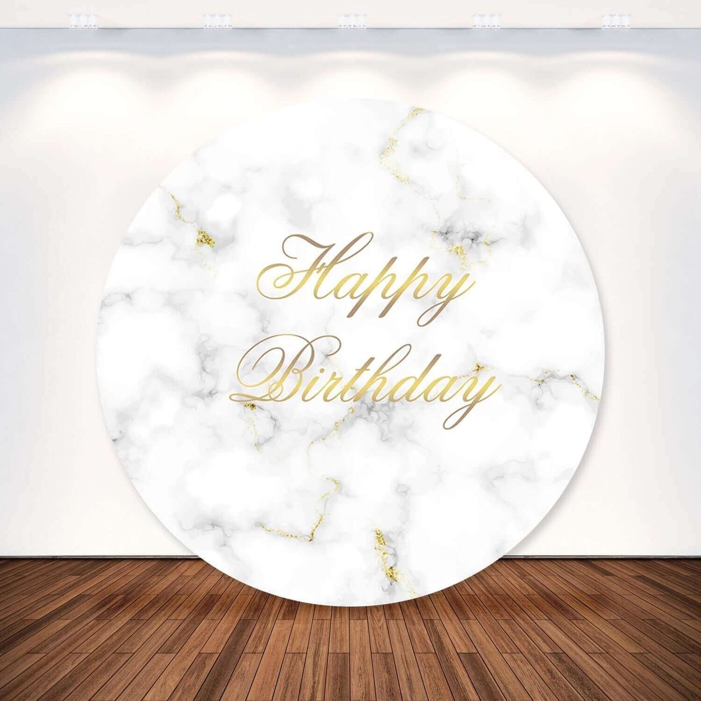 Couverture de toile de fond ronde à motif de marbre doré, joyeux anniversaire, fête
