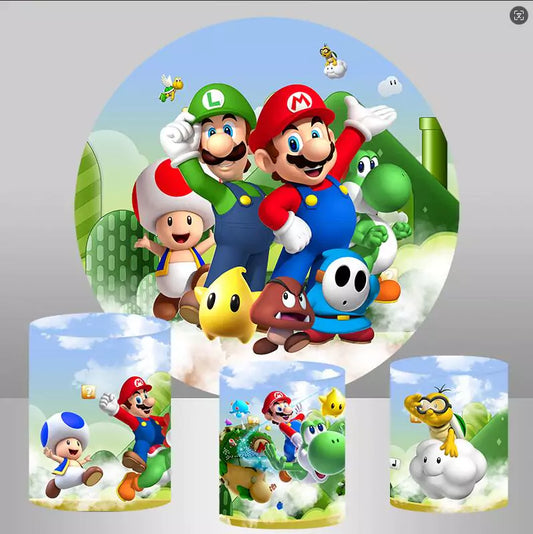 Mario Boys Birthday Baby Shower Round Backdrop Cylinder Covers