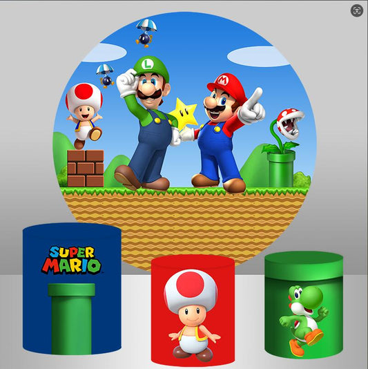 Mario Boys Birthday Kulaté pozadí Baby Shower Cylindr kryty