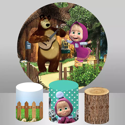 Masha and Bear Girls Birthday Party Round Backdrop Cylinder Covers