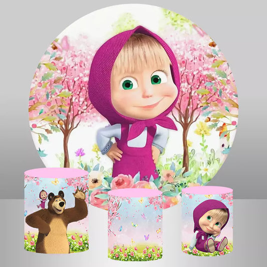 Masha and Bear Girls Birthday Round Backdrop and 3 Cylinder Covers