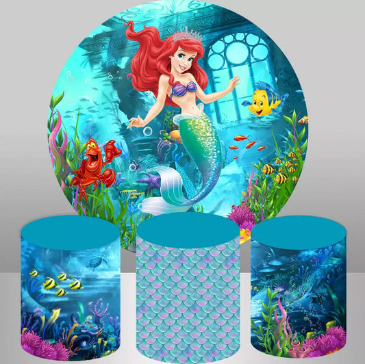 Mermaid Girls Birthday Baby Shower Round Backdrop Under Sea Circle Covers