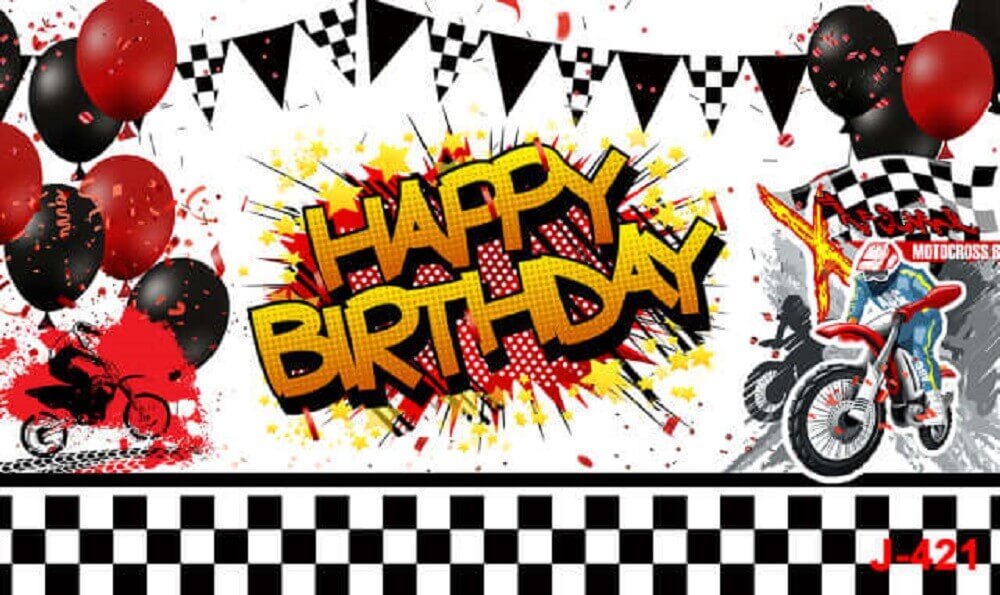 Motorcycle Rider Track Black and Red Balloons Happy Birthday Backdrop