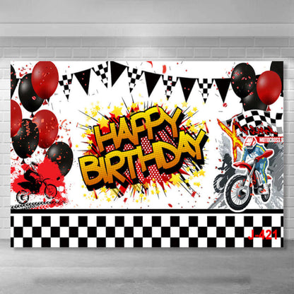 Motorcycle Rider Track Black and Red Balloons Happy Birthday Backdrop