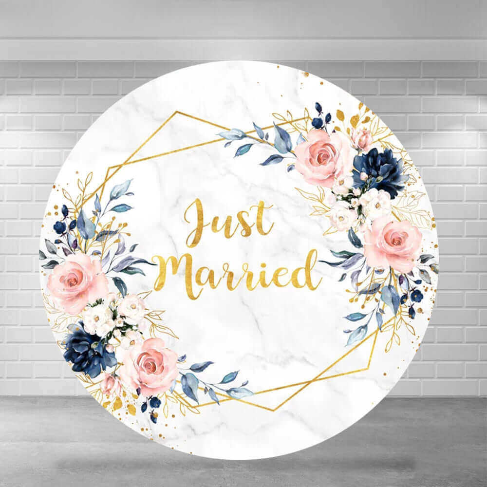 Navy and Blush Just Married Marble Gold Floral Round Backdrop Cover