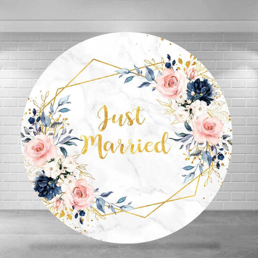 Navy and Blush Just Married Marble Gold Virágos Kerek Háttér Cover Party