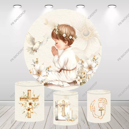 Semleges akvarell keresztelő kerek háttér fiú keresztelő dekoráció