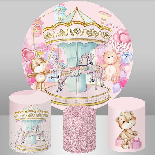 Rózsaszín körhinta, kör alakú háttér a lányok születésnapi partijának dekorációjához
