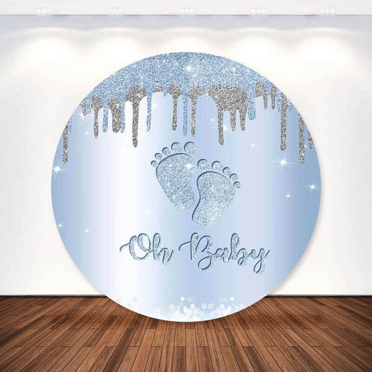Oh Baby Blue Glitter Footprint Shower Round Backdrop Cover Party