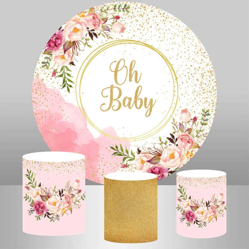 Oh Baby Gold Glitter Pink Flower Round Background Party Backdrop