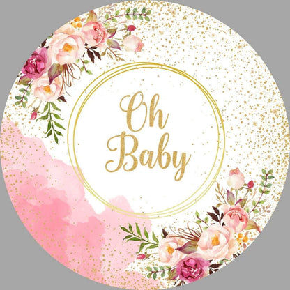 Oh Baby Gold Glitter Pink Flower Round Background
