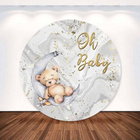 Oh Baby Moon Bear Marble theme Baby Shower Round Backdrop