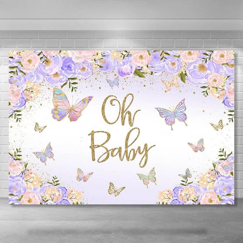 Oh Baby Ljubičasta pozadina s leptirima Cvjetna pozadina za rođendansku zabavu novorođenčeta