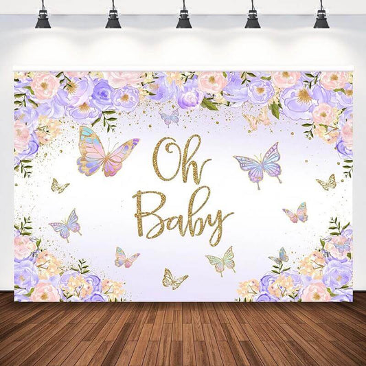 Oh Baby Lila Schmetterling Hintergrund Floral Neugeborenen Geburtstag Party Fotografie Hintergrund