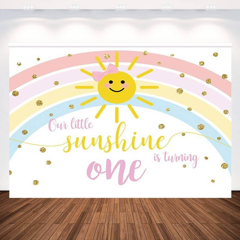 Our Little Sunshine Is Turning One Backdrop For Girls Rainbow Photography Background Gold Dots