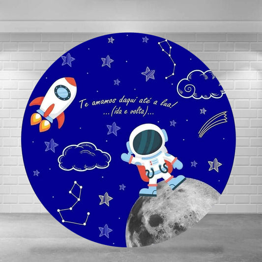 Outer Space Circle Blue Cover Rocket Astronaut Kids Születésnapi Backdrop Party