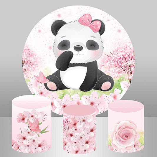 Panda téma Pink Girl Baby Shower és Születésnapi Virágok Kerek Háttér Party Háttér
