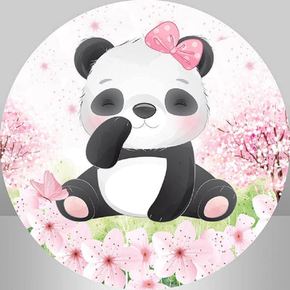 Panda téma růžová dívka miminko a narozeninové květiny kulaté pozadí strany pozadí