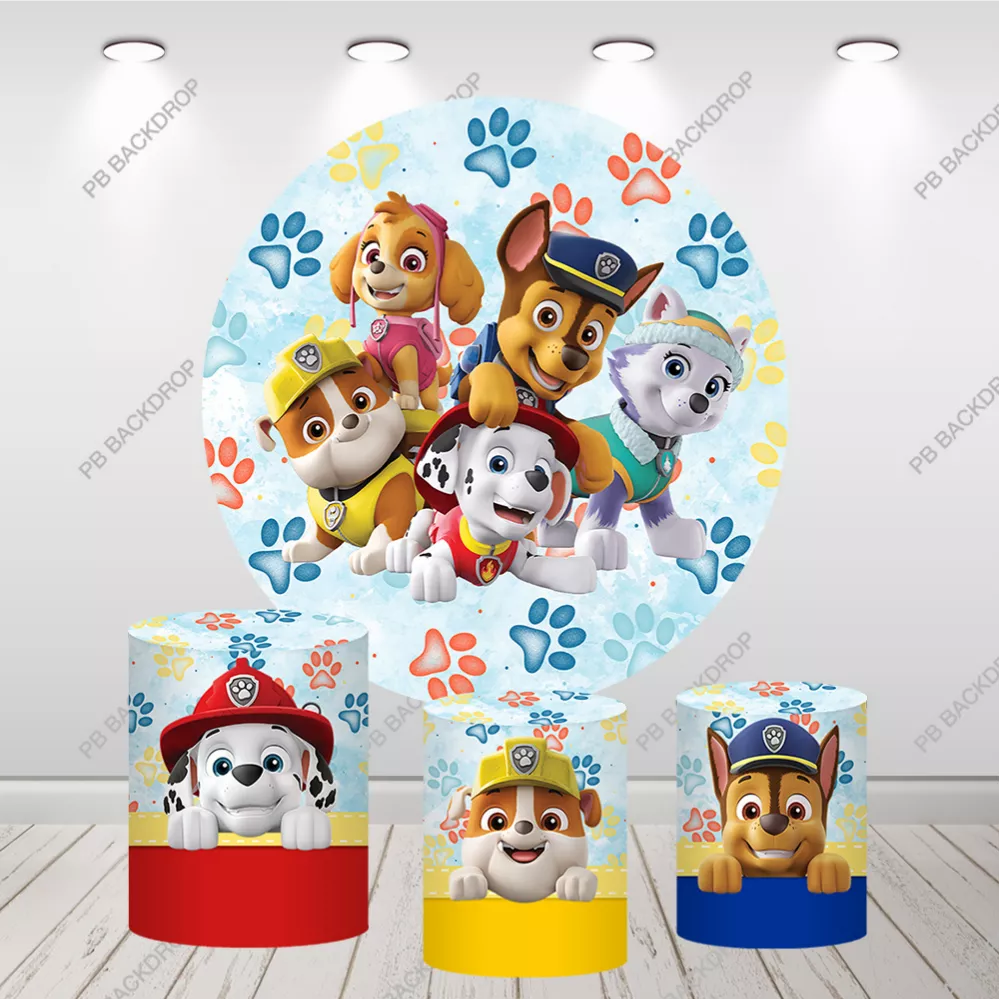 Paw Patrol Round Backdrop Paws Print Kids Birthday Party Background