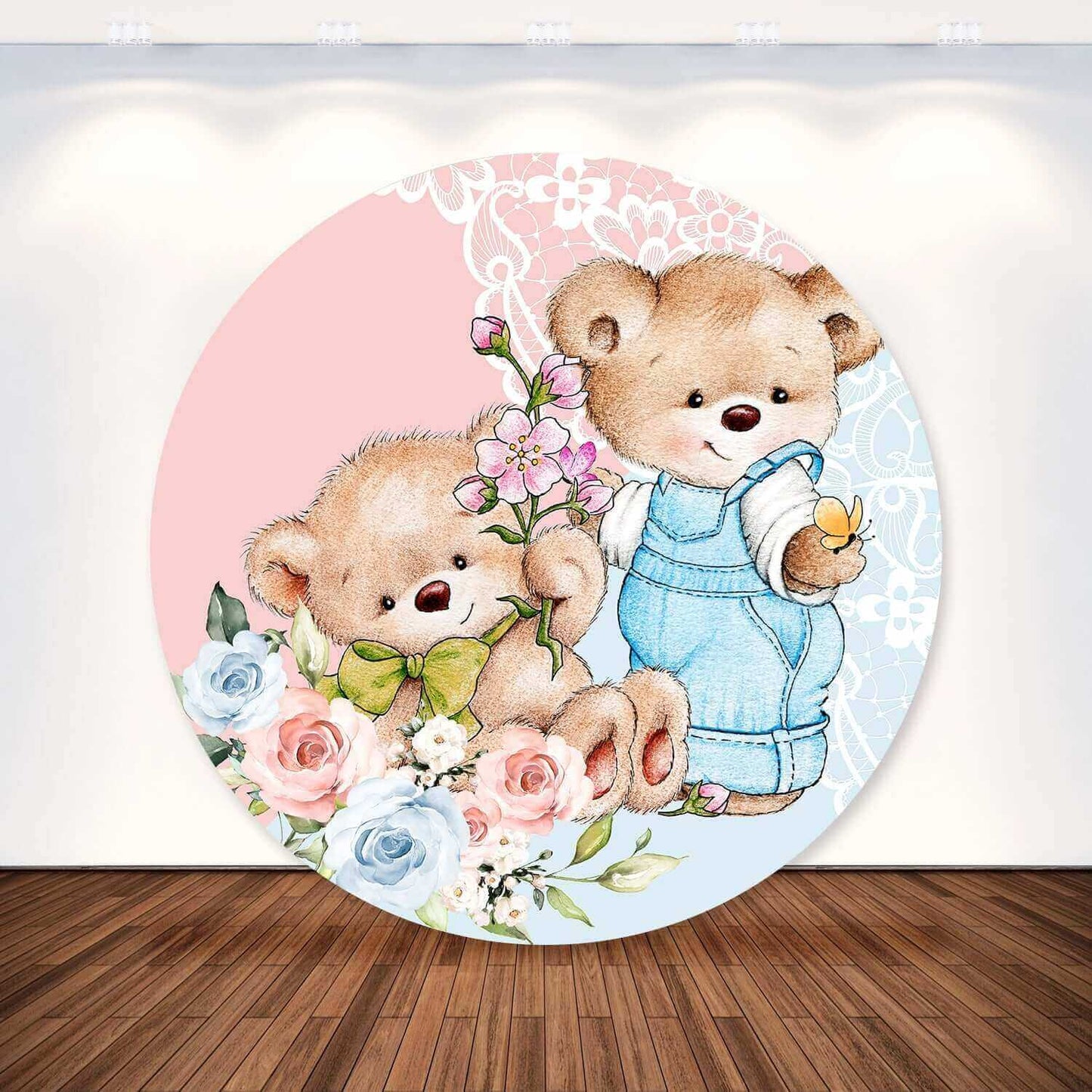 Pink And Blue Floral Bear Gender Reveal Round Backdrop