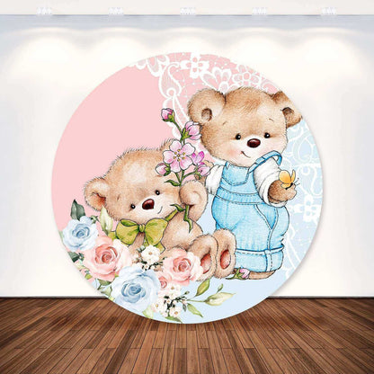 Pink And Blue Floral Bear Gender Reveal Round Backdrop