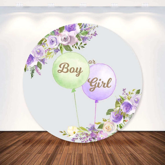 Paarse en groene ballonnen jongen of meisje geslacht onthullen ronde achtergrond