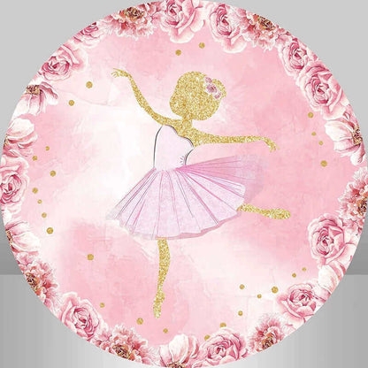 Ružičasta baletanka, rođendanska okrugla pozadina i podnožje za pokrivanje cvjetne zabave