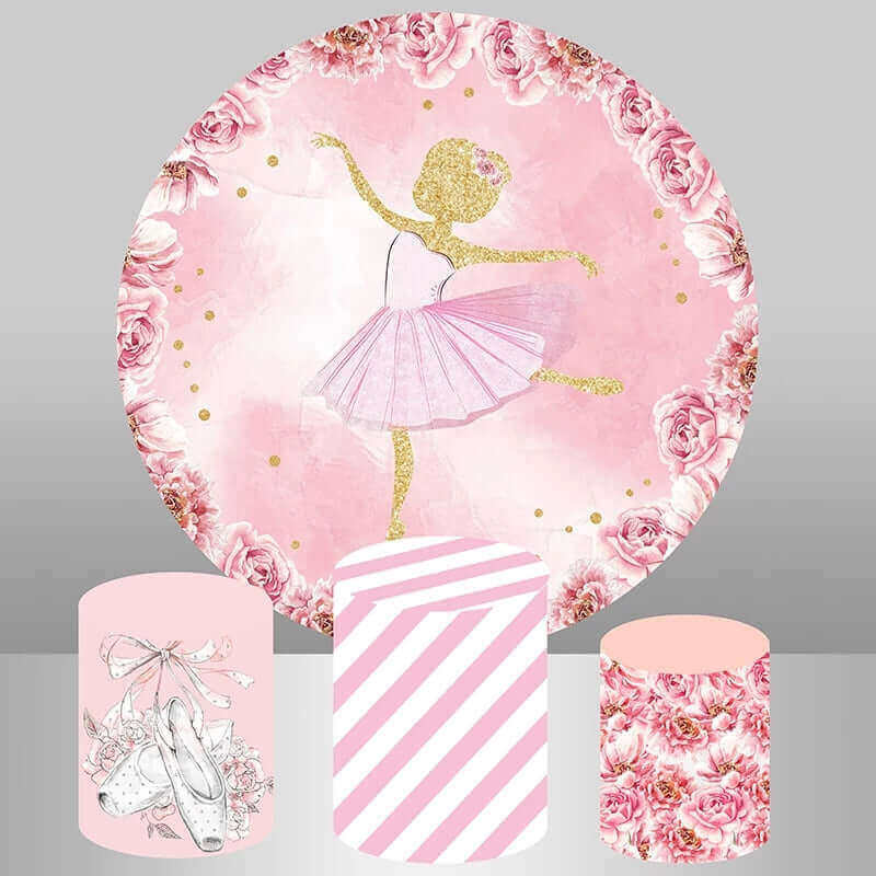 Pink Ballet Girl Floral Birthday Round Backdrop and Plinths Cover