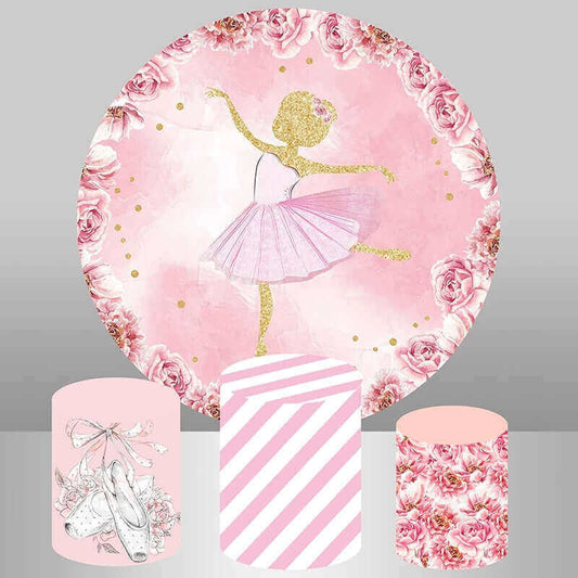 Różowa baletnica z kwiatowym wzorem urodzinowym, okrągłym tłem i cokołami, okładka Party