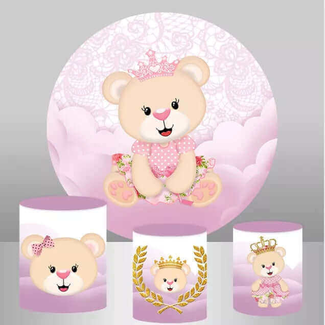 Pink Bear Girl Baby Shower Birthday Party Round Backdrop Plinth cover