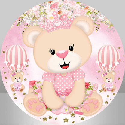 Pink Bear Princess Floral Birthday Party Baby Shower Round Backdrop
