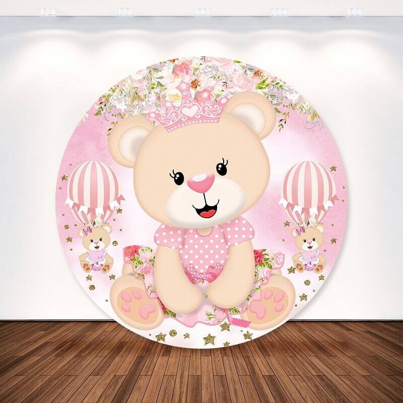 Pink Bear Princess Floral Birthday Party Baby Shower Round Backdrop