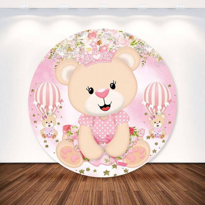 Růžový medvěd princezna květinová narozeninová párty miminko kulaté pozadí