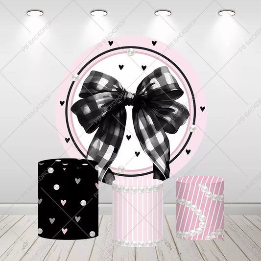Pink Black Coquette Bow Round Backdrop Girl Baby Shower Birthday Decor