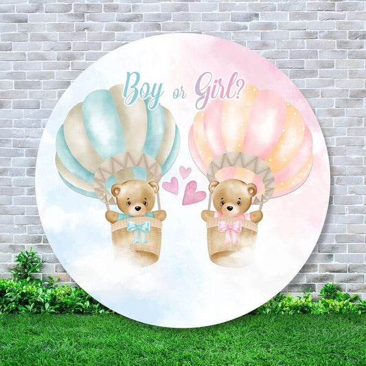 Pink And Blue Bear Boy Or Girl Gender Reveal Round Backdrop Party