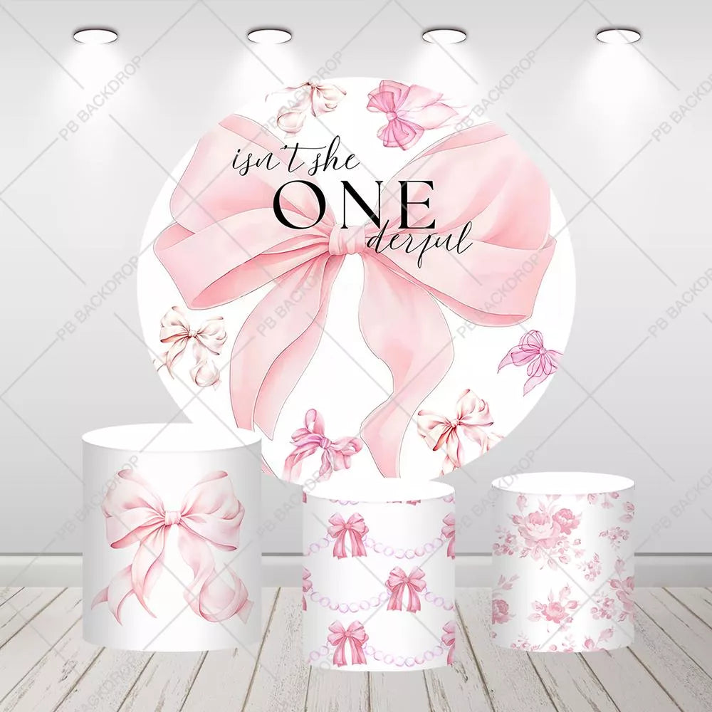 Pink Bow Round Backdrop 1st Birthday Party Decor Cylinder Covers