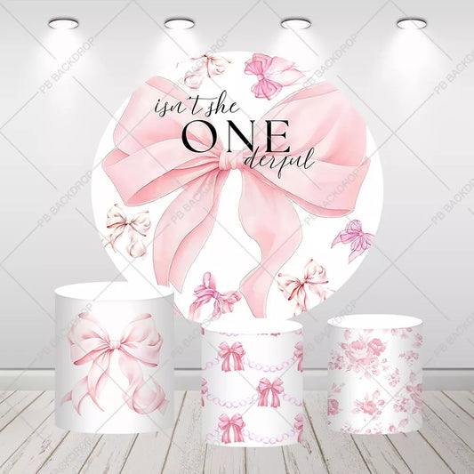 Pink Bow Round Backdrop 1st Birthday Party Decor Cylinder Covers
