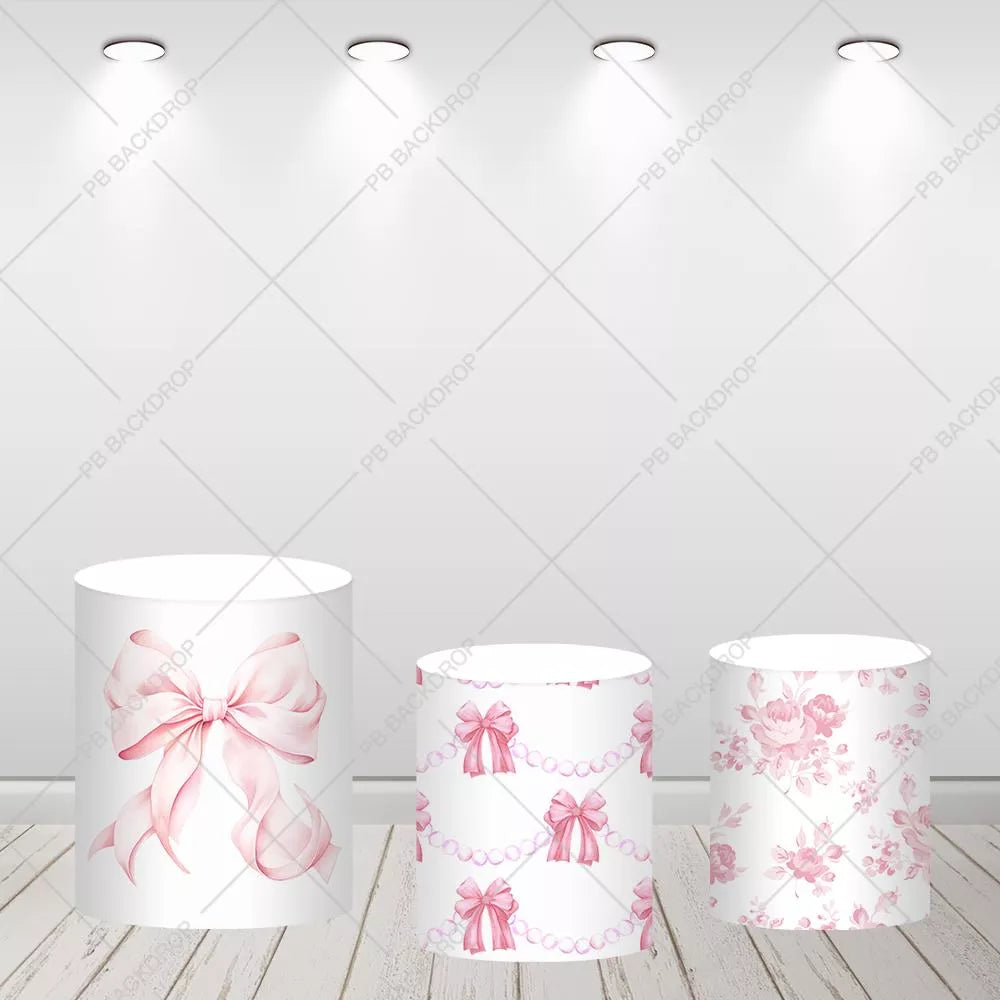 Pink Bow Round Backdrop 1st Birthday Party Decor Cylinder Covers