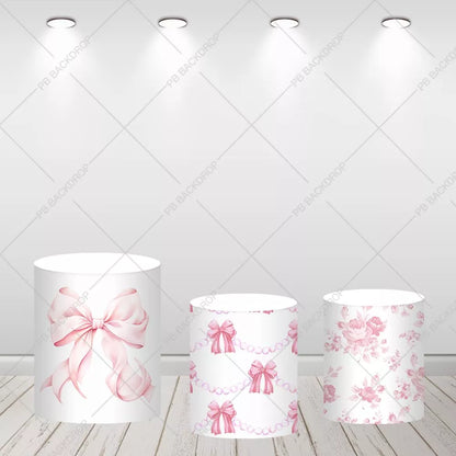 Pink Bow Round Backdrop 1st Birthday Party Decor Cylinder Covers