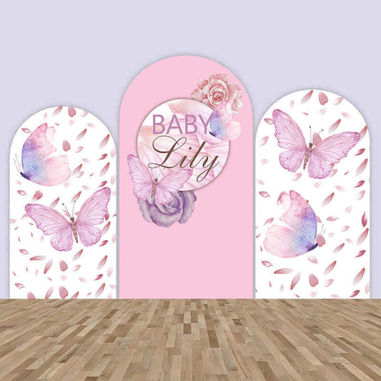 Różowy motyl łukowate tła dziewczyny urodziny Baby Shower noworodka ślub łuk tło
