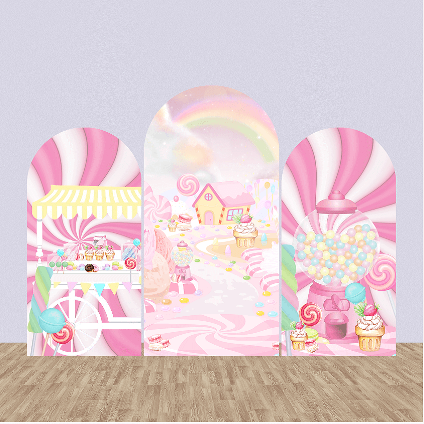 Sfondo rosa Candyland con arco a ciambella, sfondo a parete con gelato su due lati per baby shower per bambini
