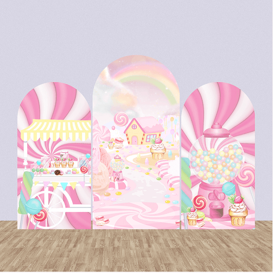 Toile de fond en arc de beignet rose Candyland, couverture de fond mural de crème glacée Double face pour fête prénatale pour enfants