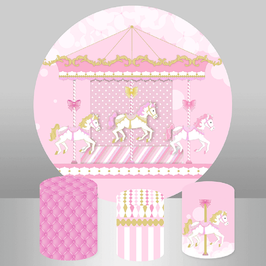 Ružičasti vrtuljak s okruglim krugom i pozadinom za ukras za rođendansku zabavu djevojčice