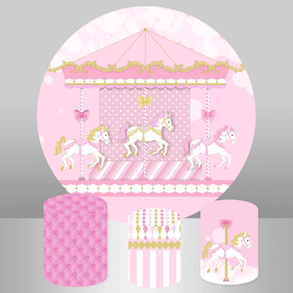 Copertina dello sfondo del cerchio rotondo rosa carosello per la decorazione della festa di compleanno della ragazza