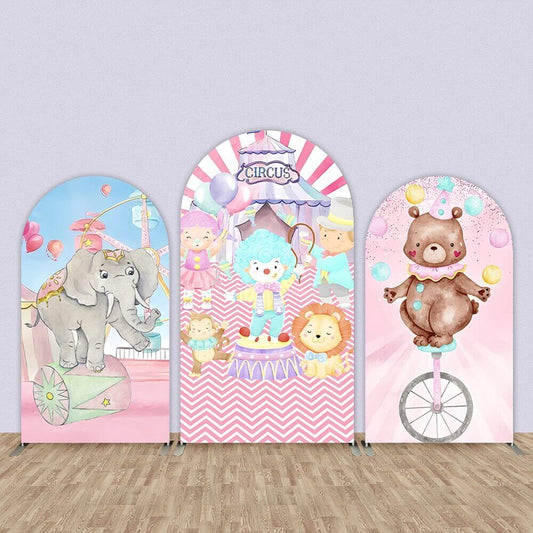 Ружичаста циркуска лучна позадина, кловн, животиње, слонови, украсни прибор за дечији рођендан