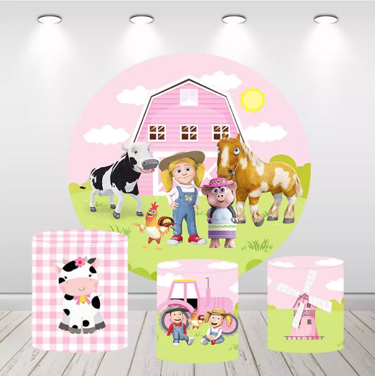 Позадина округлог круга за рођенданску забаву за девојке са ружичастим животињама са фарме