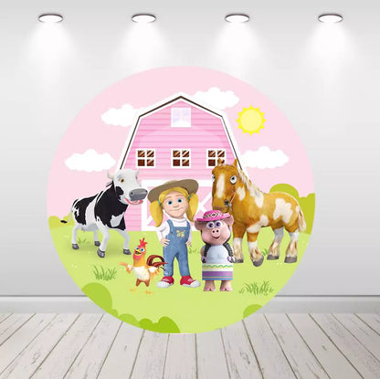 Ružičasta okrugla kružna pozadina za rođendansku zabavu djevojčica s farmskih životinja