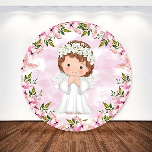 Couverture de toile de fond ronde pour baptême de fille, fleur florale rose, ange, fête